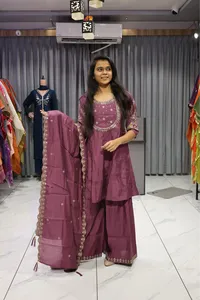 Roman Sleeve Kurti Plazzo Pair (Onion)