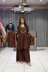 Roman Sleeve Kurti Plazzo Pair (Coffee)