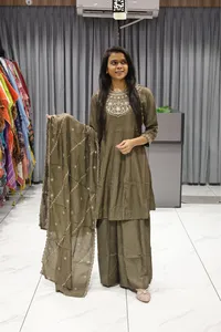 Kali Neck Work Short Kurti Plazzo Pair (Mute Brown)