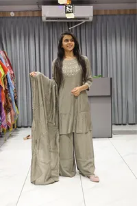 Kali Neck Work Short Kurti Plazzo Pair (Light Gray)