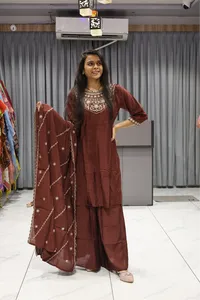 Kali Neck Work Short Kurti Plazzo Pair (Coffee)