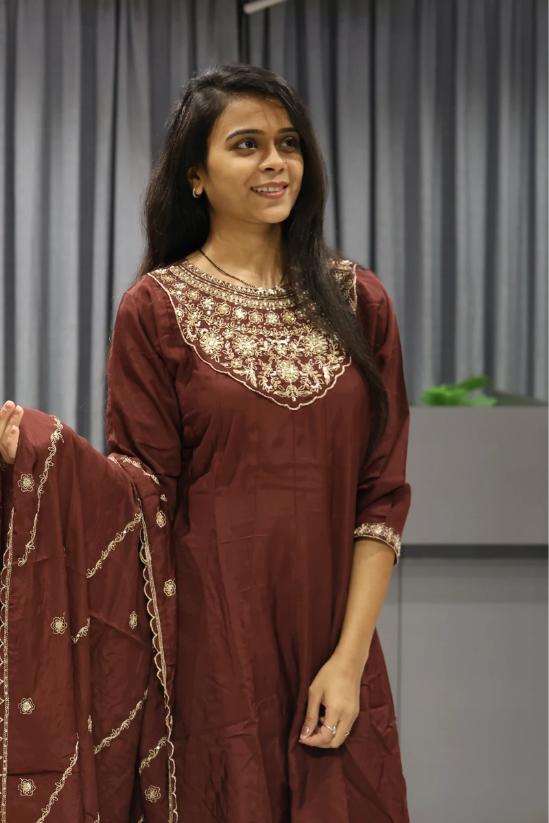 Kali Neck Work Short Kurti Plazzo Pair (Coffee)