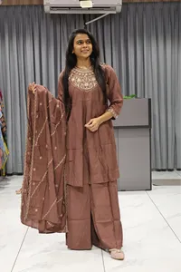 Kali Neck Work Short Kurti Plazzo Pair (Onion Pink)