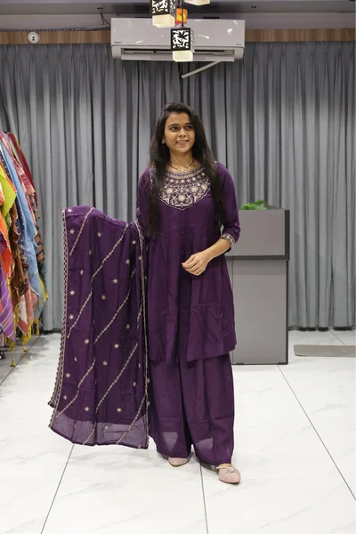 Kali Neck Work Short Kurti Plazzo Pair (Purple Dark)