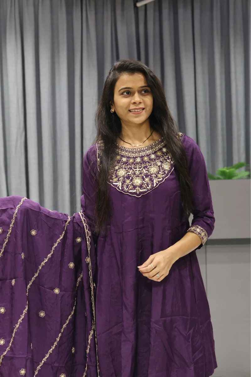 Kali Neck Work Short Kurti Plazzo Pair (Purple Dark)