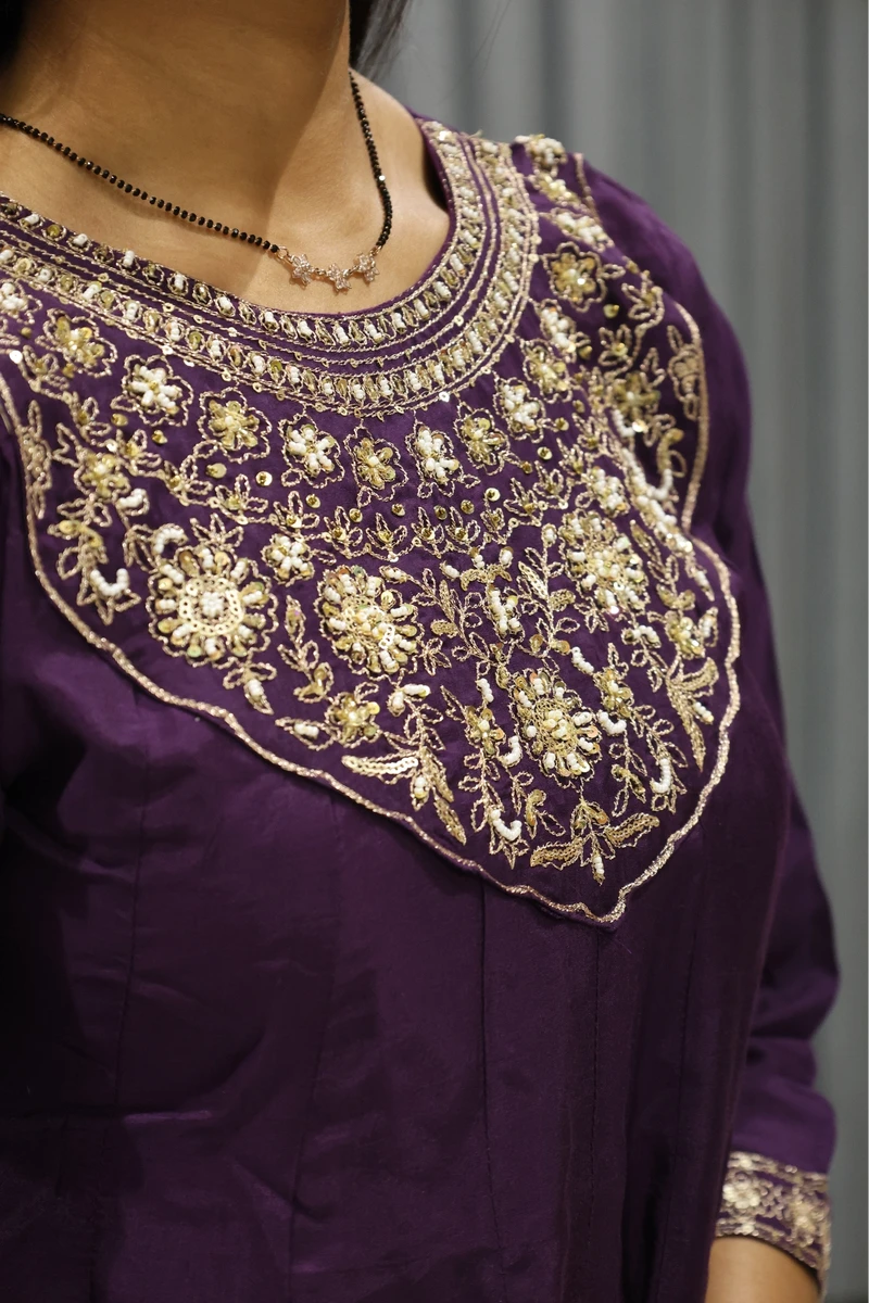 Kali Neck Work Short Kurti Plazzo Pair (Purple Dark)