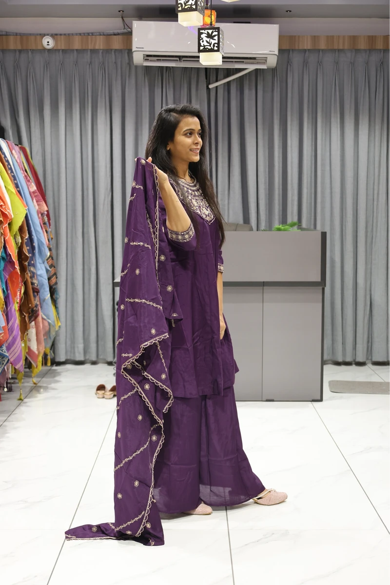 Kali Neck Work Short Kurti Plazzo Pair (Purple Dark)