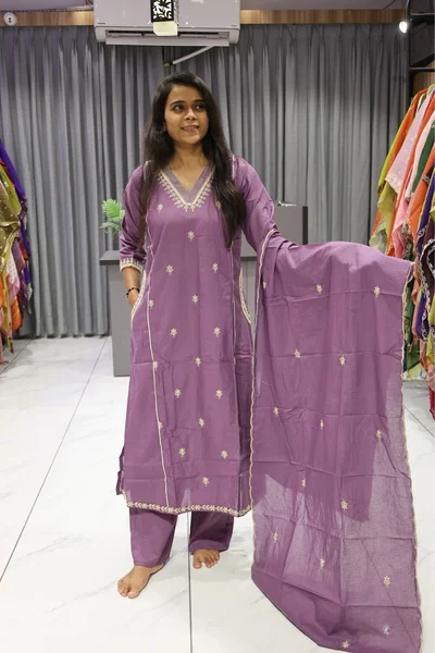 V Neck Mal Cottton A Line Cut Pair (Light Purple)