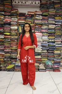 V Neck Embroidery Work Cord Set (Red)