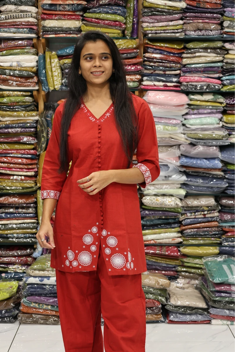 V Neck Embroidery Work Cord Set (Red)