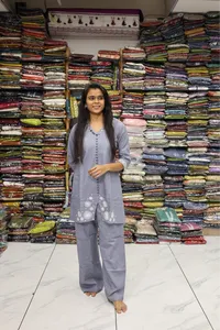 V Neck Embroidery Work Cord Set (Grey)