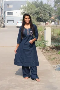 Embroidery Mirror Work Plazza Pair (Navy Blue)