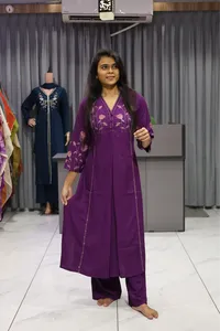 V Neck Embroidery Work Plaza Pair (Purple)