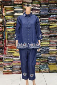 Denim Work Cord Set Dark Blue (Top Daman Mirror Work)