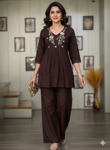 V Neck Work Chipati Cord-set (Coffee)