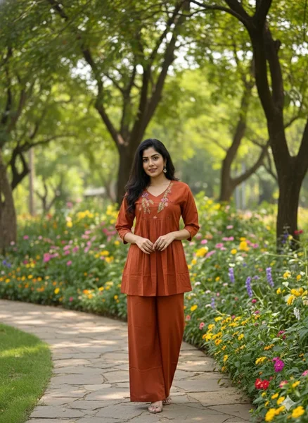 V Neck Work Chipati Cord-set (Orange)