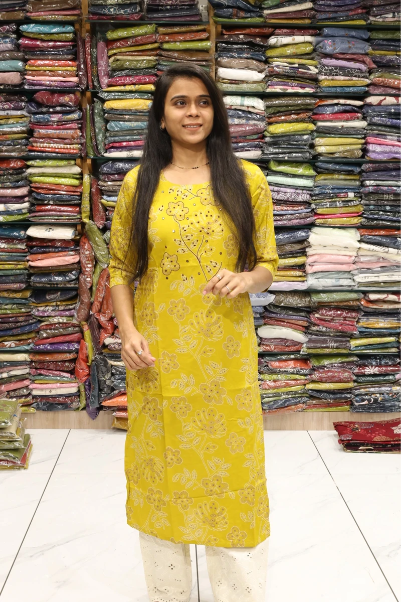 Yellow Flower Printed Kurti
