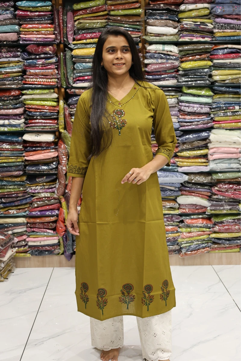 Flower With Mirror Block Print Kurti