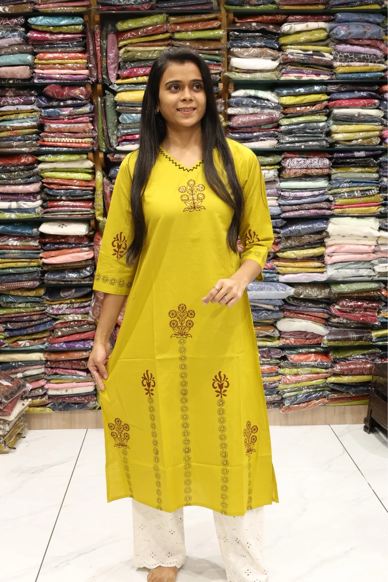 Yellow Flower Block Print Kurti