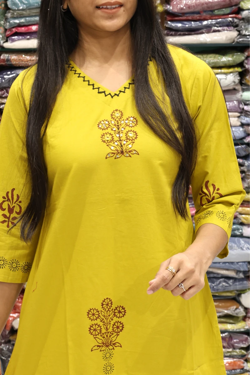 Yellow Flower Block Print Kurti