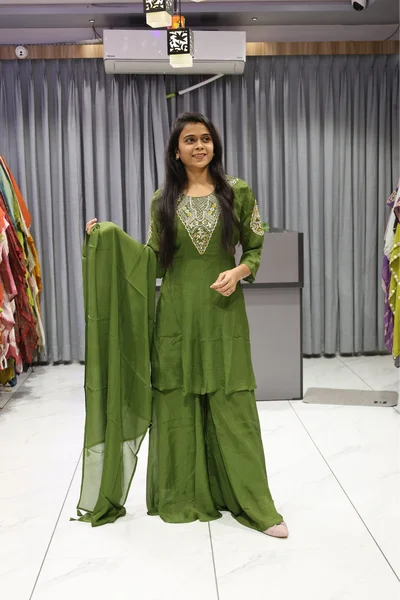 Chinon V Neck Work Short Kurti Plazzo Pair ( Mahendi)