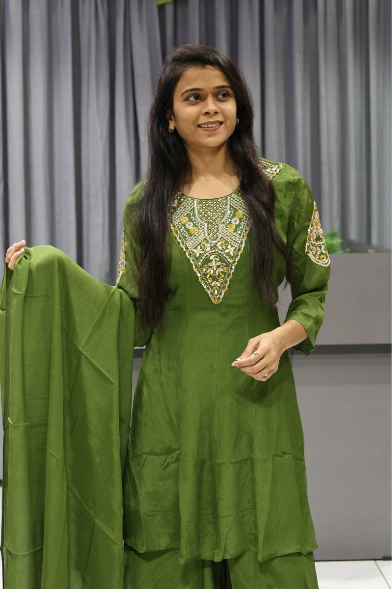 Chinon V Neck Work Short Kurti Plazzo Pair ( Mahendi)