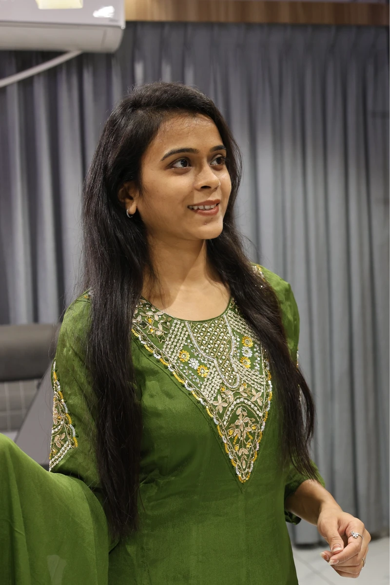 Chinon V Neck Work Short Kurti Plazzo Pair ( Mahendi)