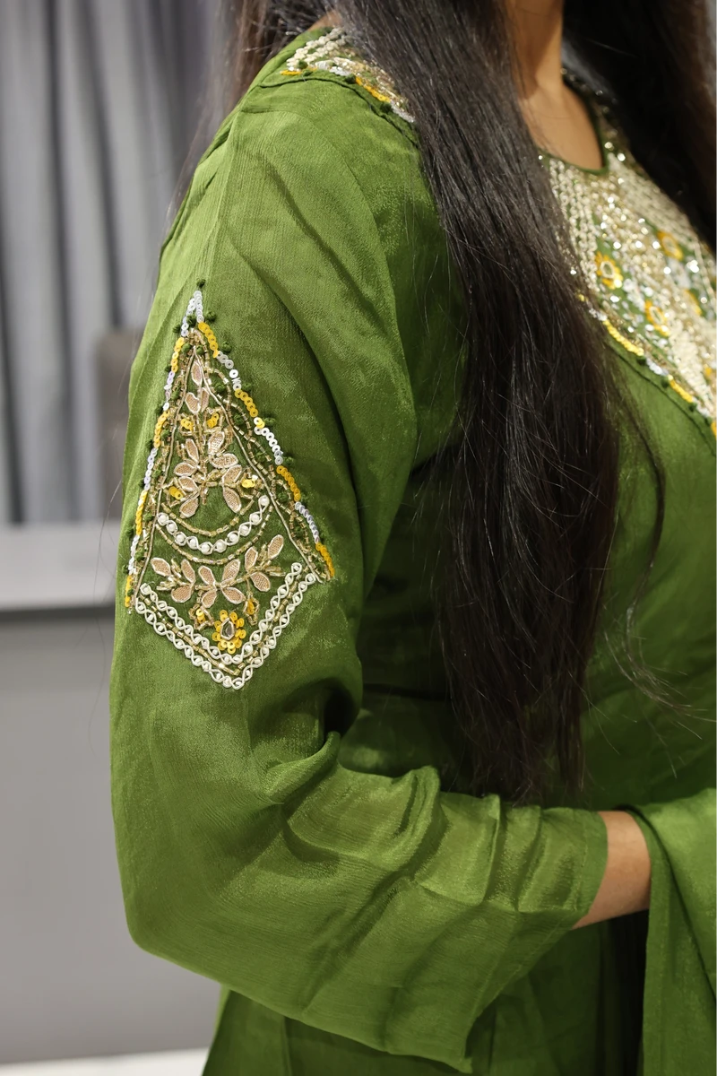 Chinon V Neck Work Short Kurti Plazzo Pair ( Mahendi)