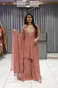 Chinon V Neck Work Short Kurti Plazzo Pair ( Light Pink)