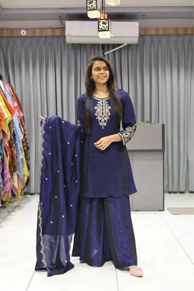 2 Ton Neck Sleev Work Short Kruti Plazzo Pair (Nevy Blue)