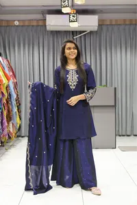 2 Ton Neck Sleev Work Short Kruti Plazzo Pair (Nevy Blue)