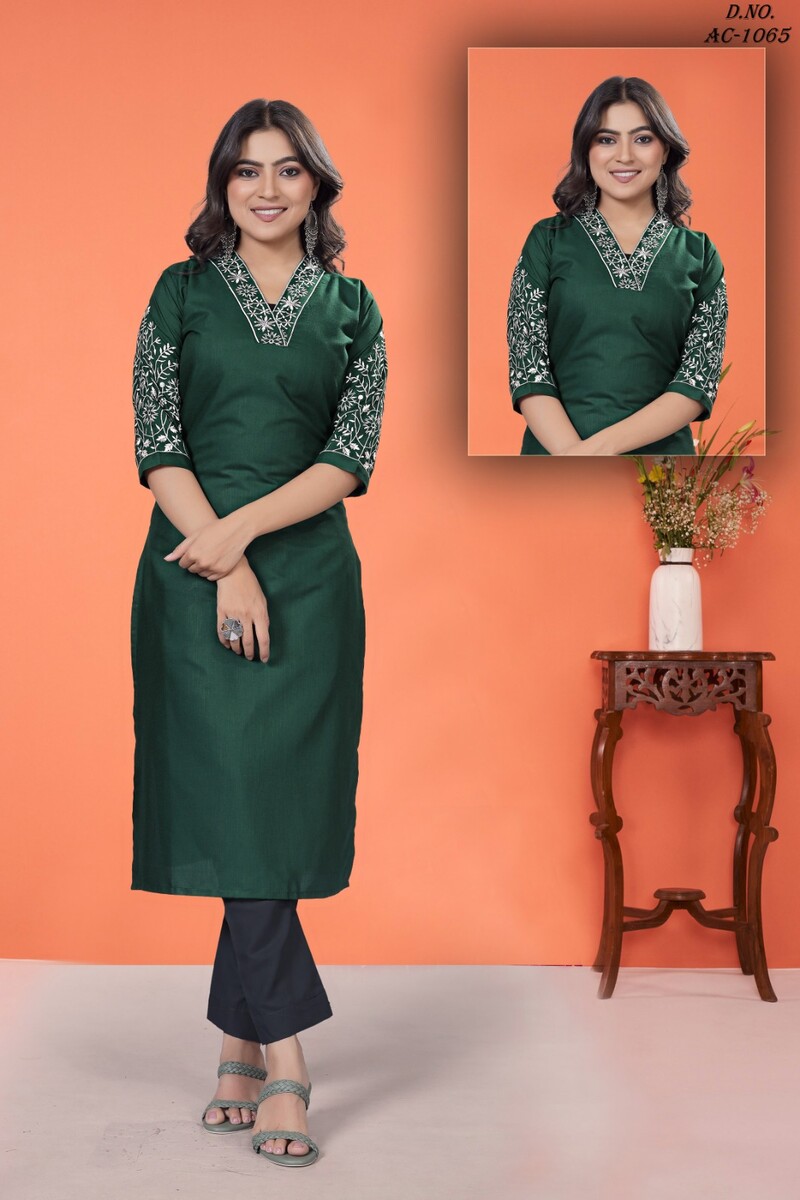 V neck Silv Work Kurti (Green)