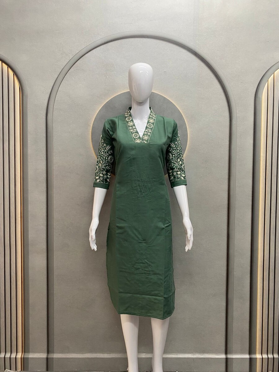 V Neck Sliv Work Kurti (Pista)