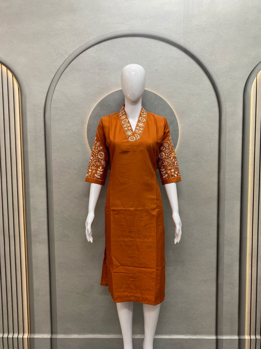 V Neck Sliv Work Kurti (Orange)
