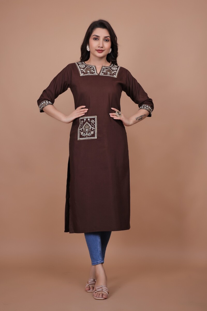 Neck & Pocket Work Kurti(Brown)