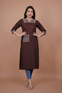 Neck & Pocket Work Kurti(Brown)