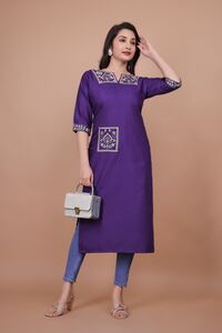 Neck & Pocket Work Kurti(Purple)