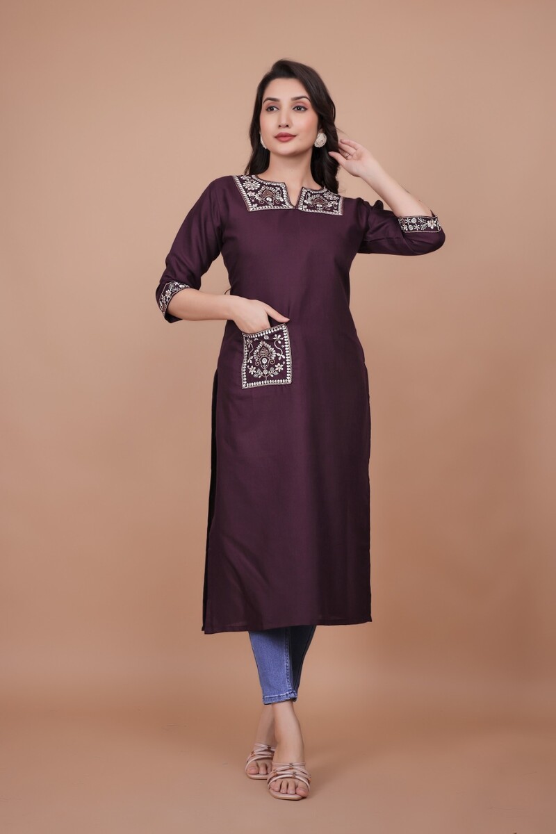 Neck & Pocket Work Kurti(Bit)