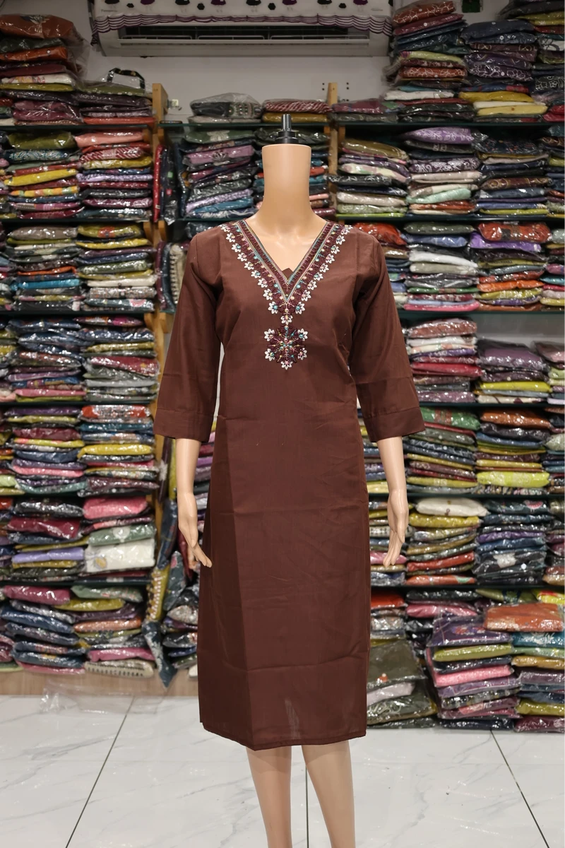 V neck Embroidery Kurti (Brown)