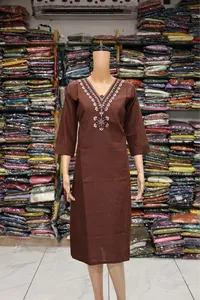 V neck Embroidery Kurti (Brown)