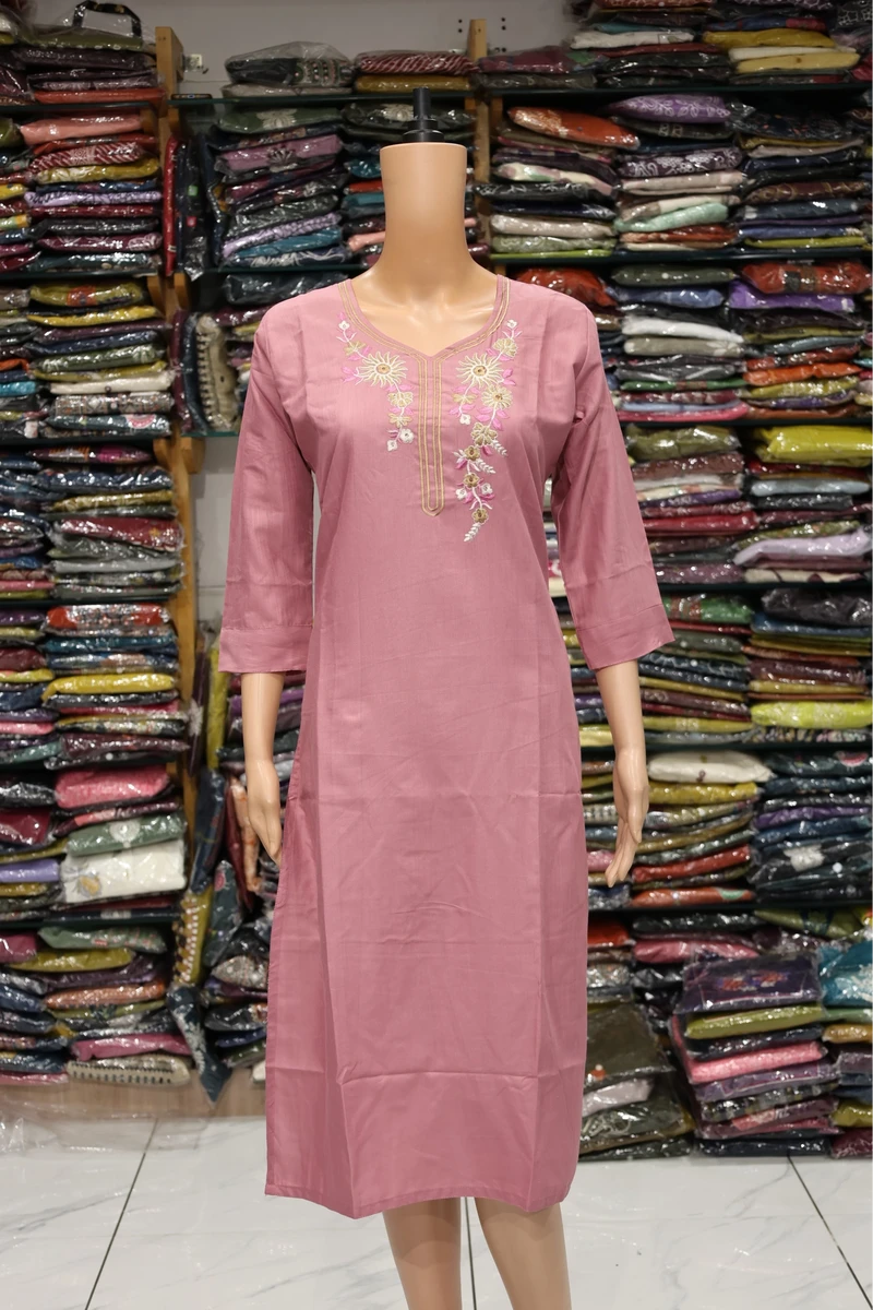 Sunflower Work Kurti (Light Rani)