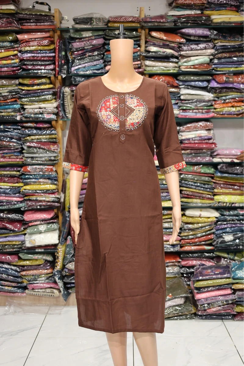 Aplic With Mirror Work kurti (Brown)
