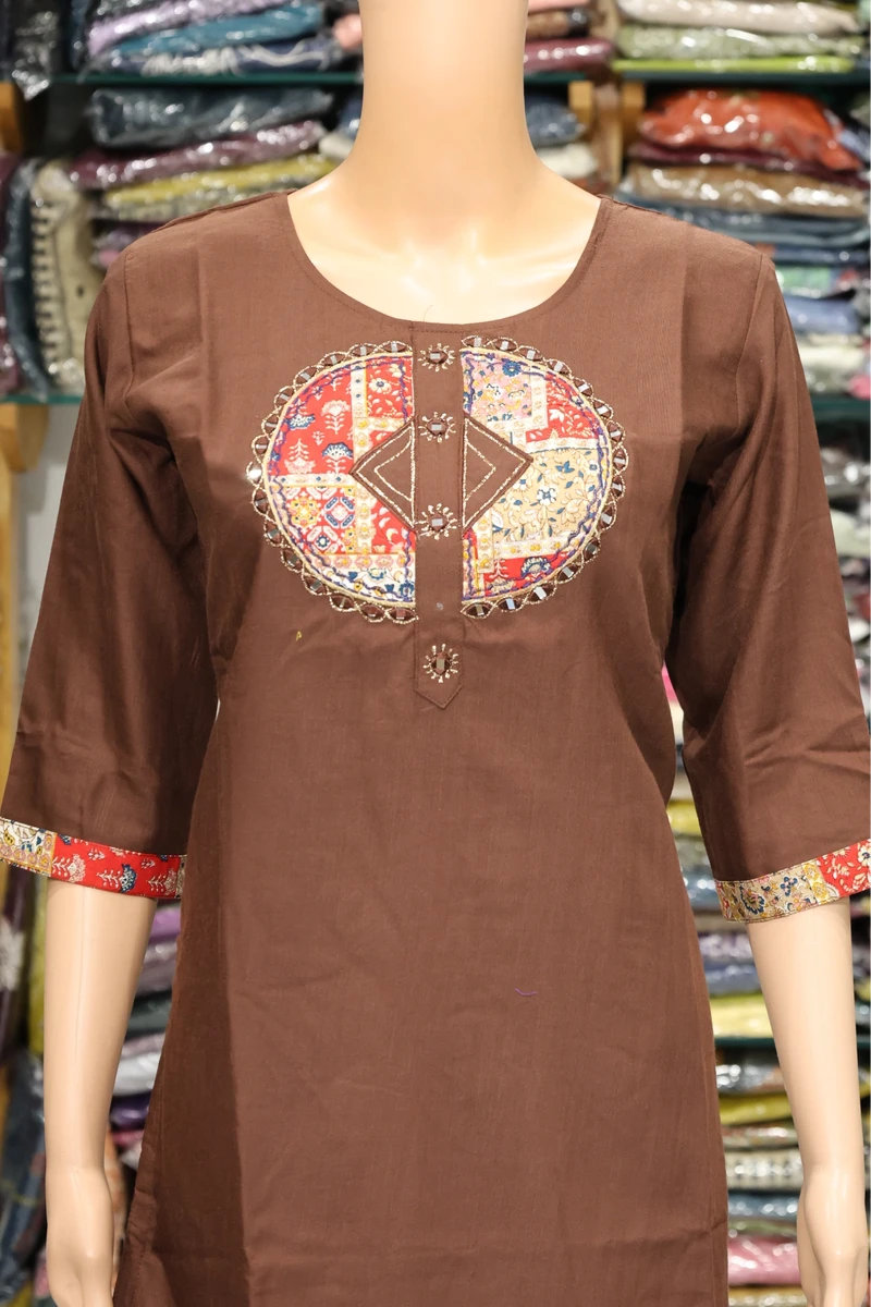 Aplic With Mirror Work kurti (Brown)
