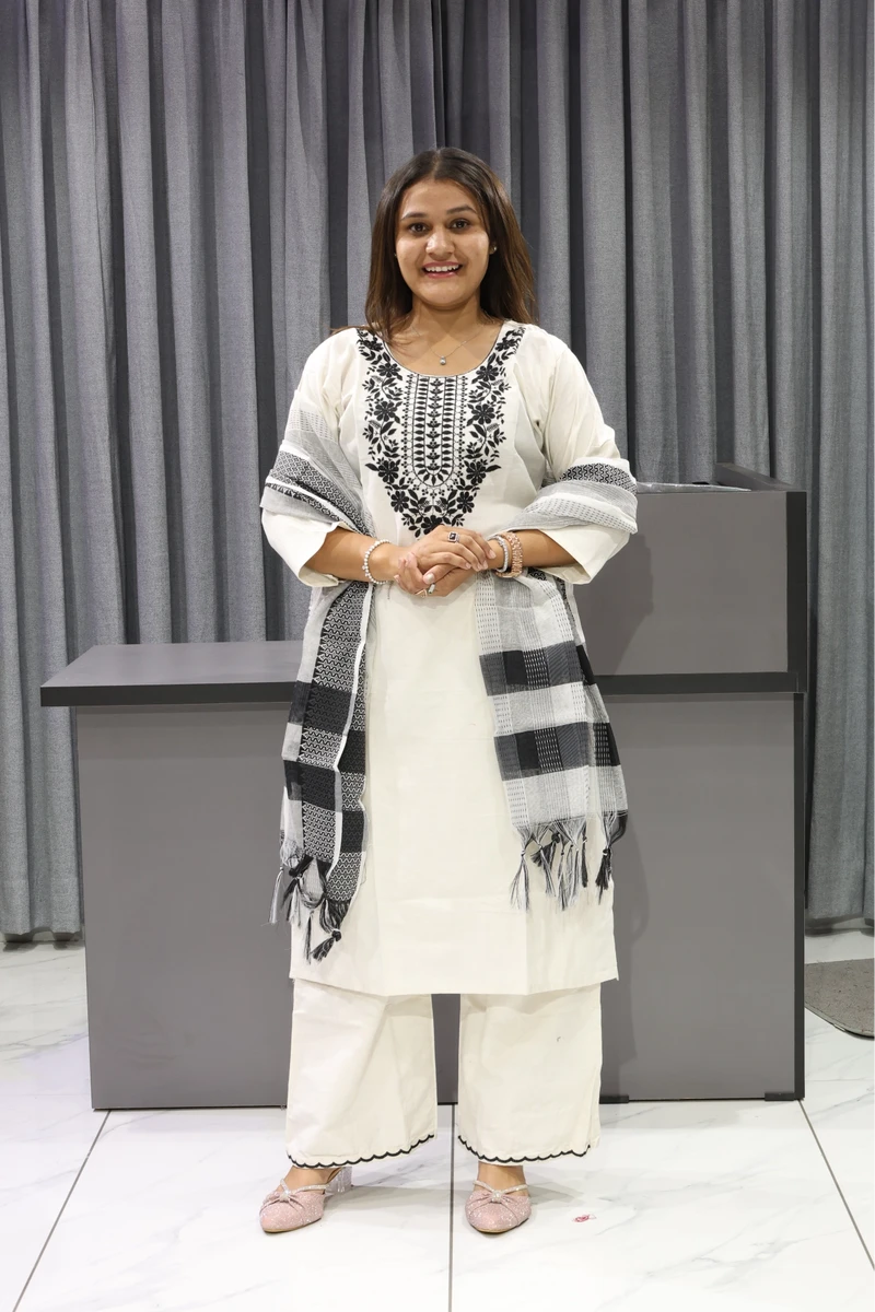 Flower Work White Duptta Pair