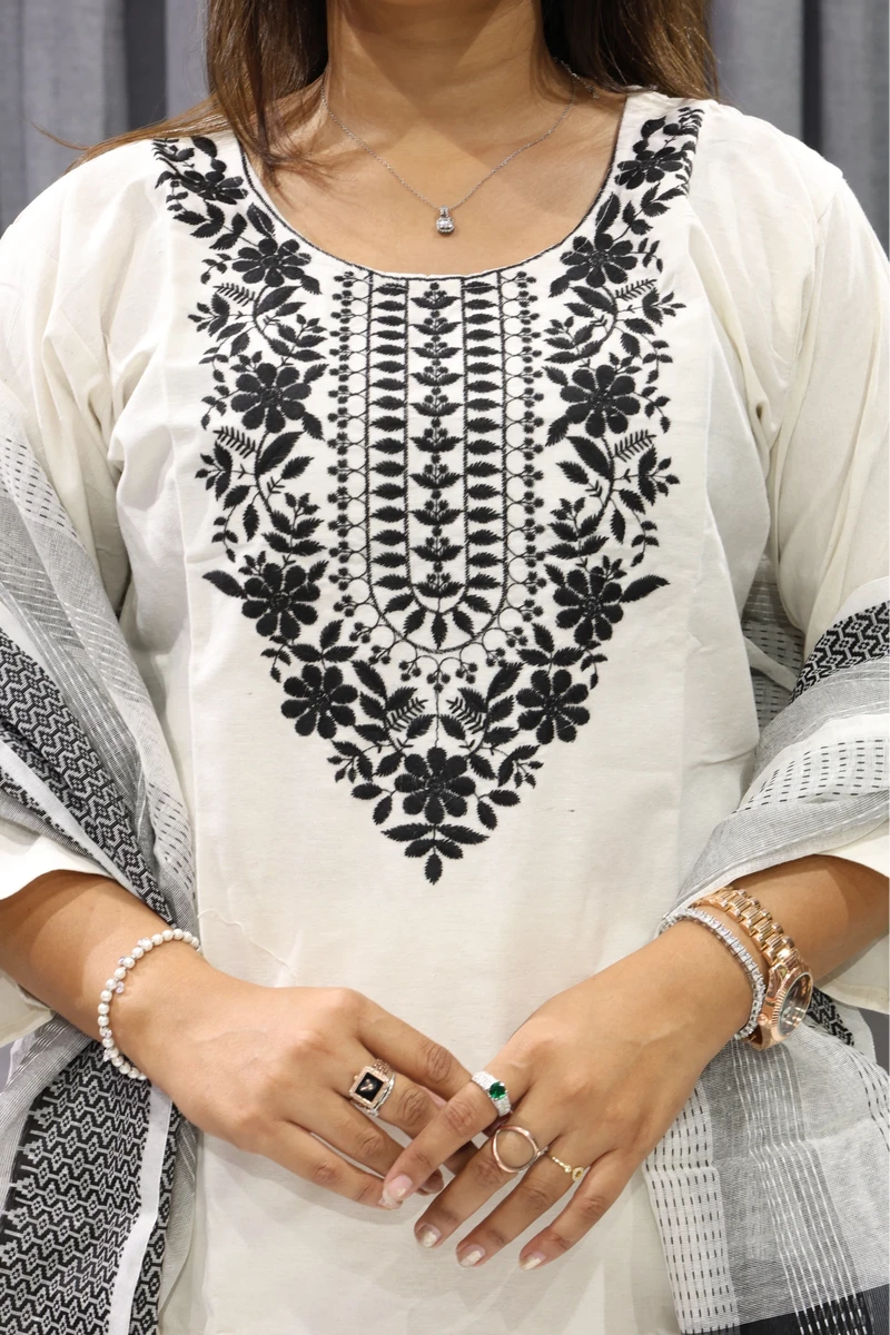 Flower Work White Duptta Pair