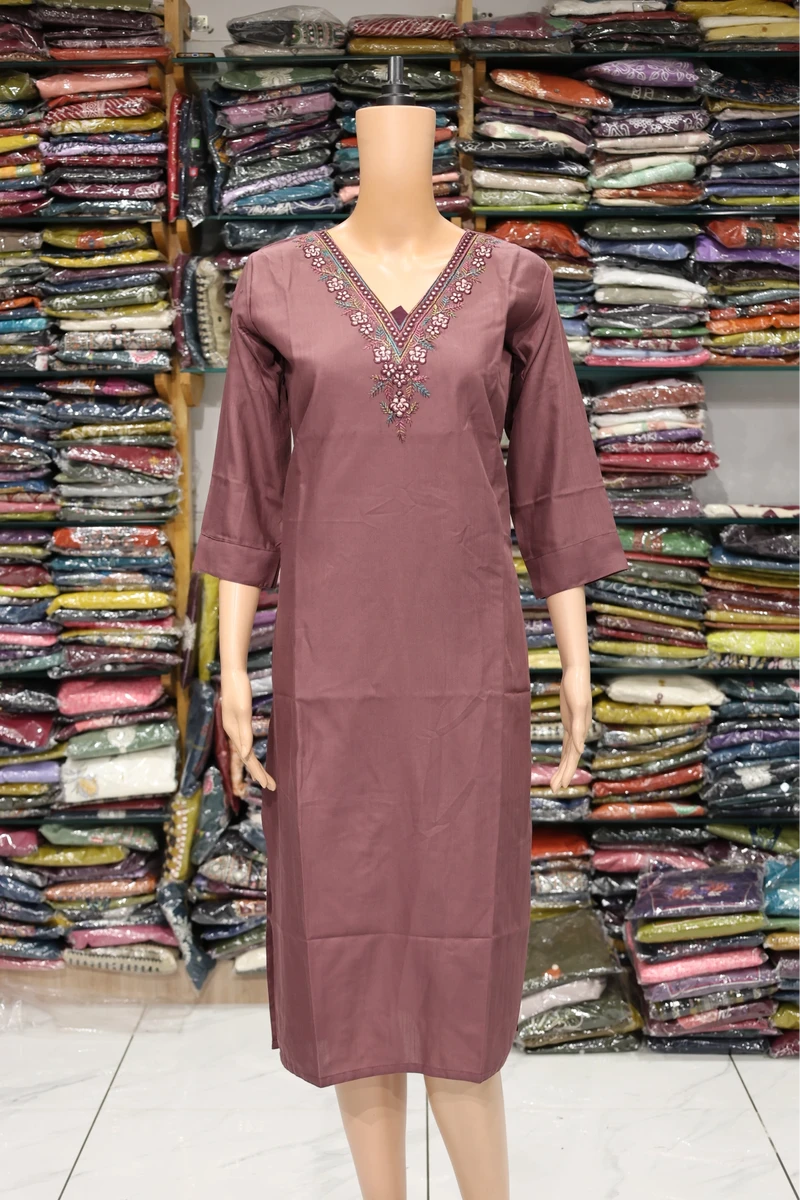 V Neck Embroidery Work kurti (Black)