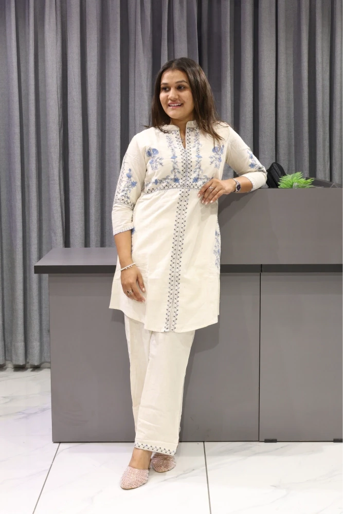 White Khadi Embroidery Work Cord Set