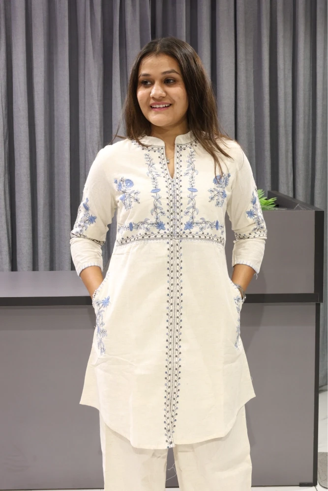 White Khadi Embroidery Work Cord Set