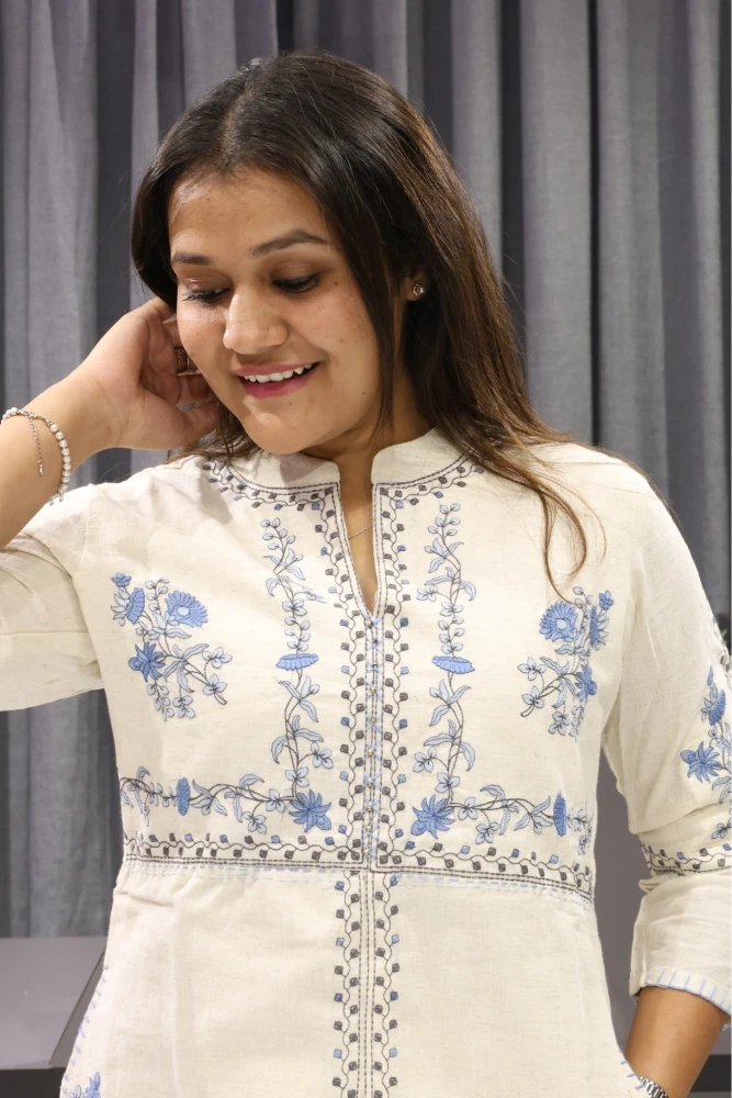 White Khadi Embroidery Work Cord Set