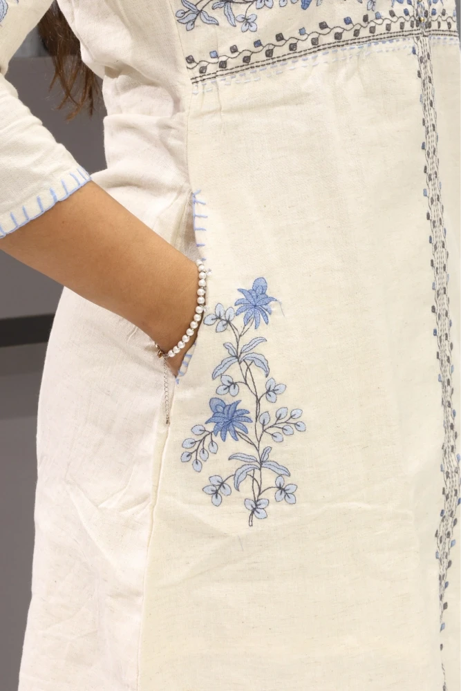 White Khadi Embroidery Work Cord Set